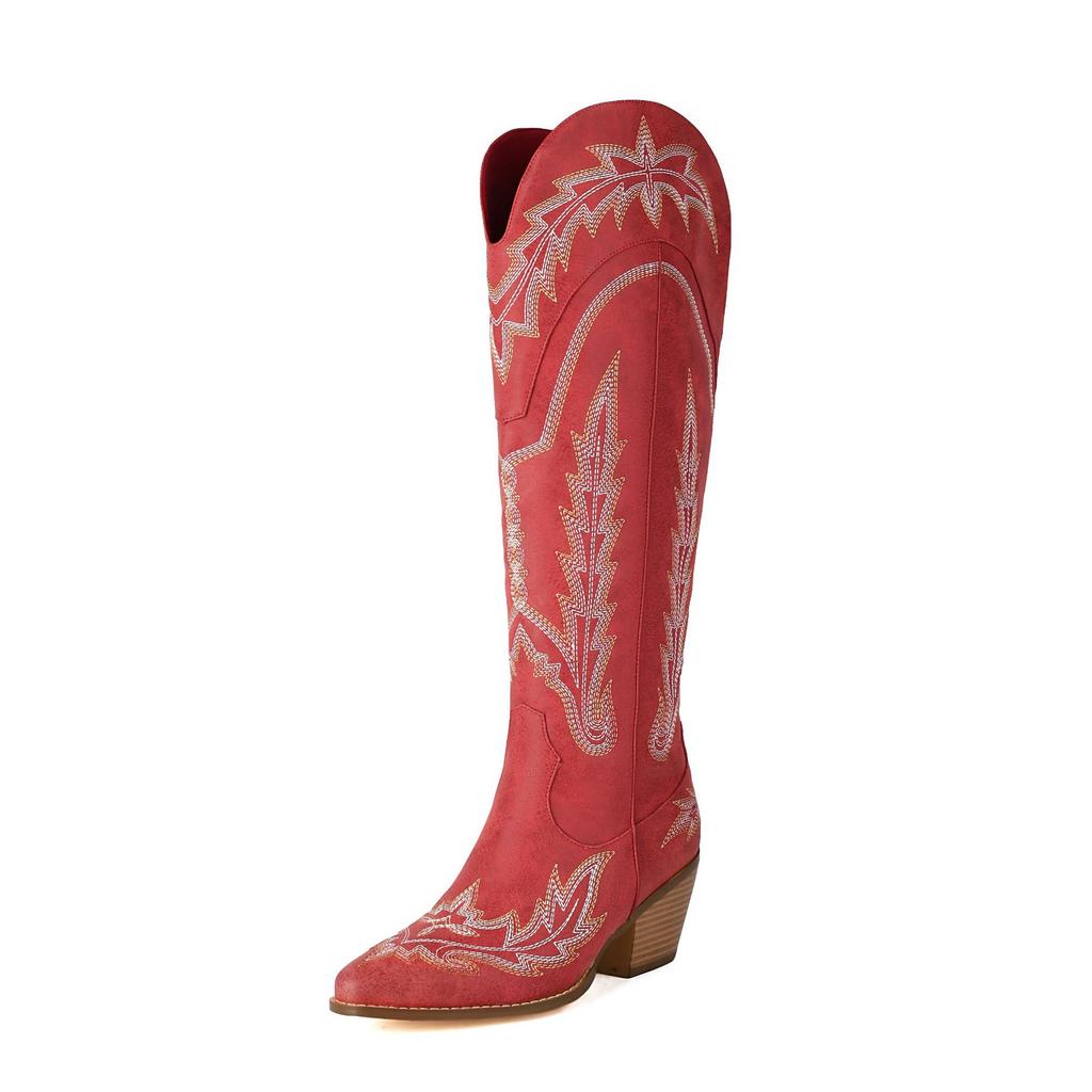 Fashion IPPEUM Women Knee High Cowboy Boots Western Shoes Red Pu Leather Block Heel Plus Size 44  Cowgirl Shoes