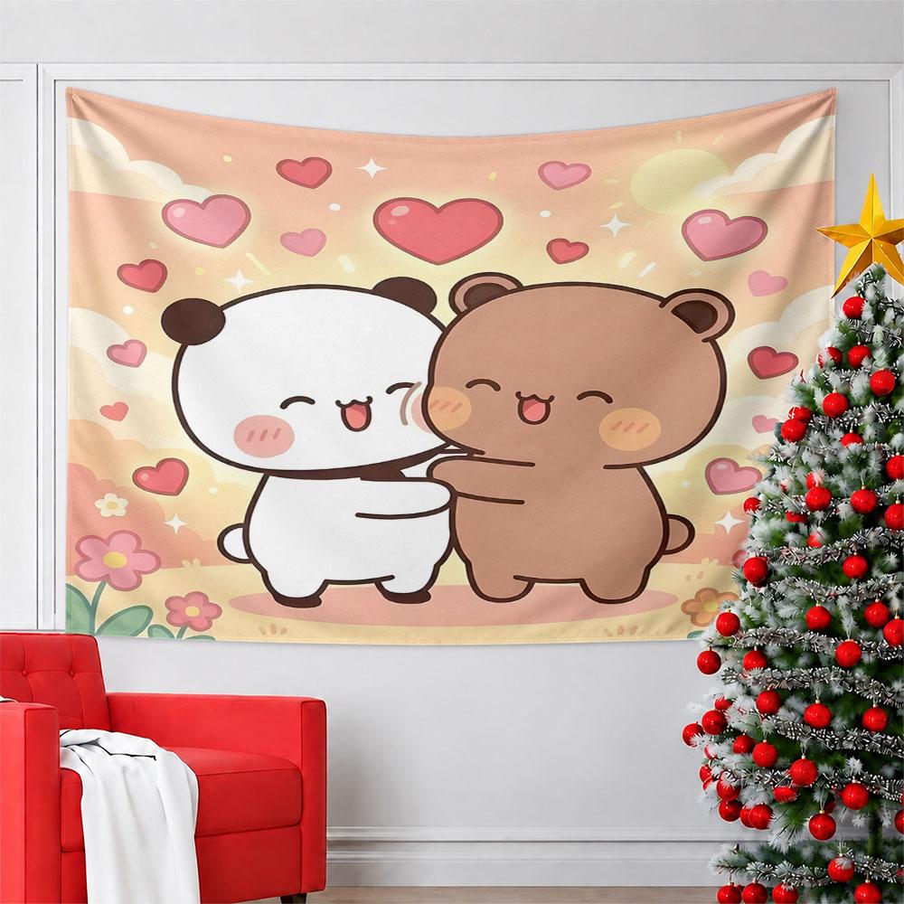 Cute Panda and Bear Hugging with Hearts Pattern Wall Hanging Tapestry Decorative Tapestry Home Decor for Bedroom and Living Room