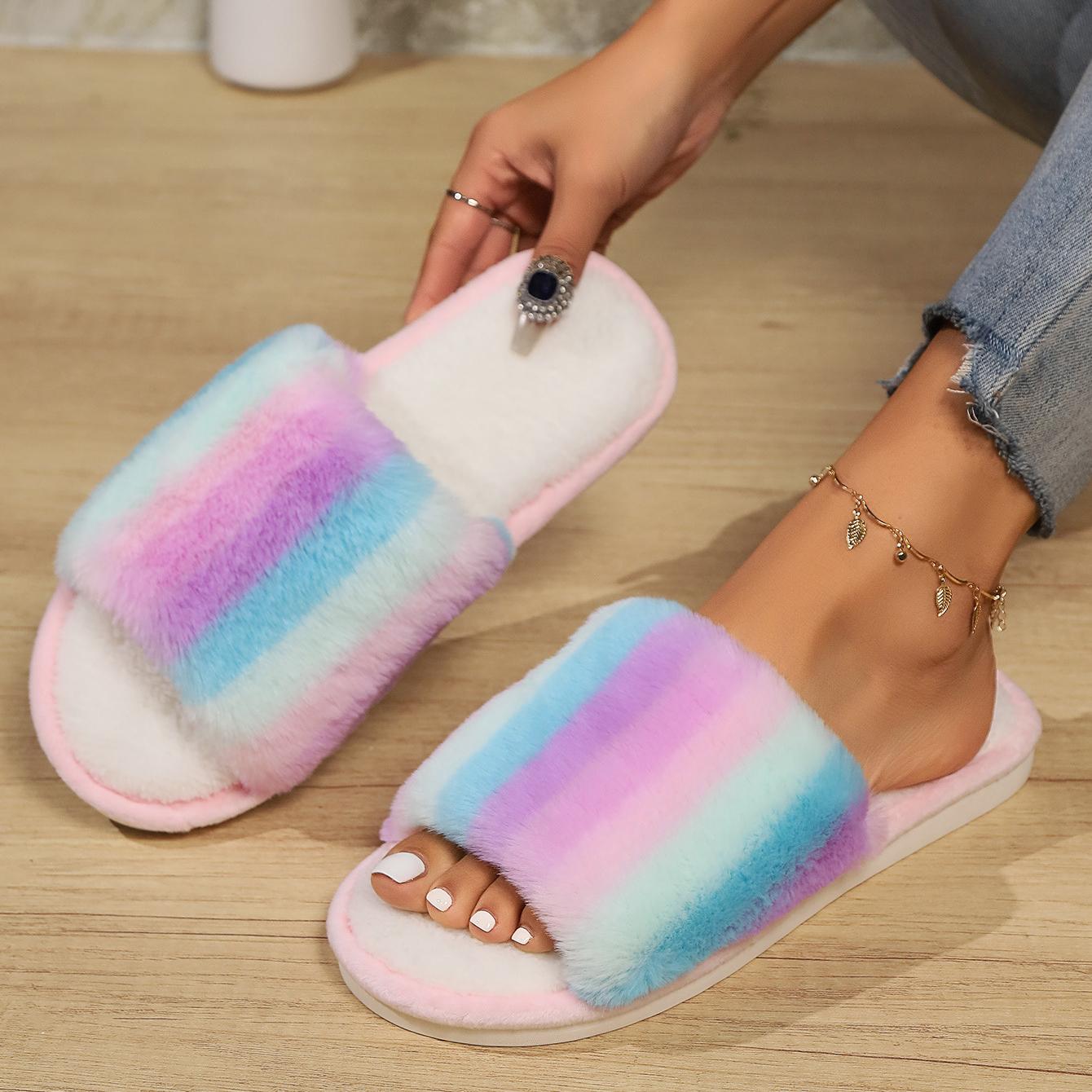 

Повседневные пушистые тапочки женские домашние туфли на плоской подошве модные популярные радужная дизайнерская обувь для девочек домашняя зимняя плюшевая обувь для женщин больших размеров 36-37 розовый
