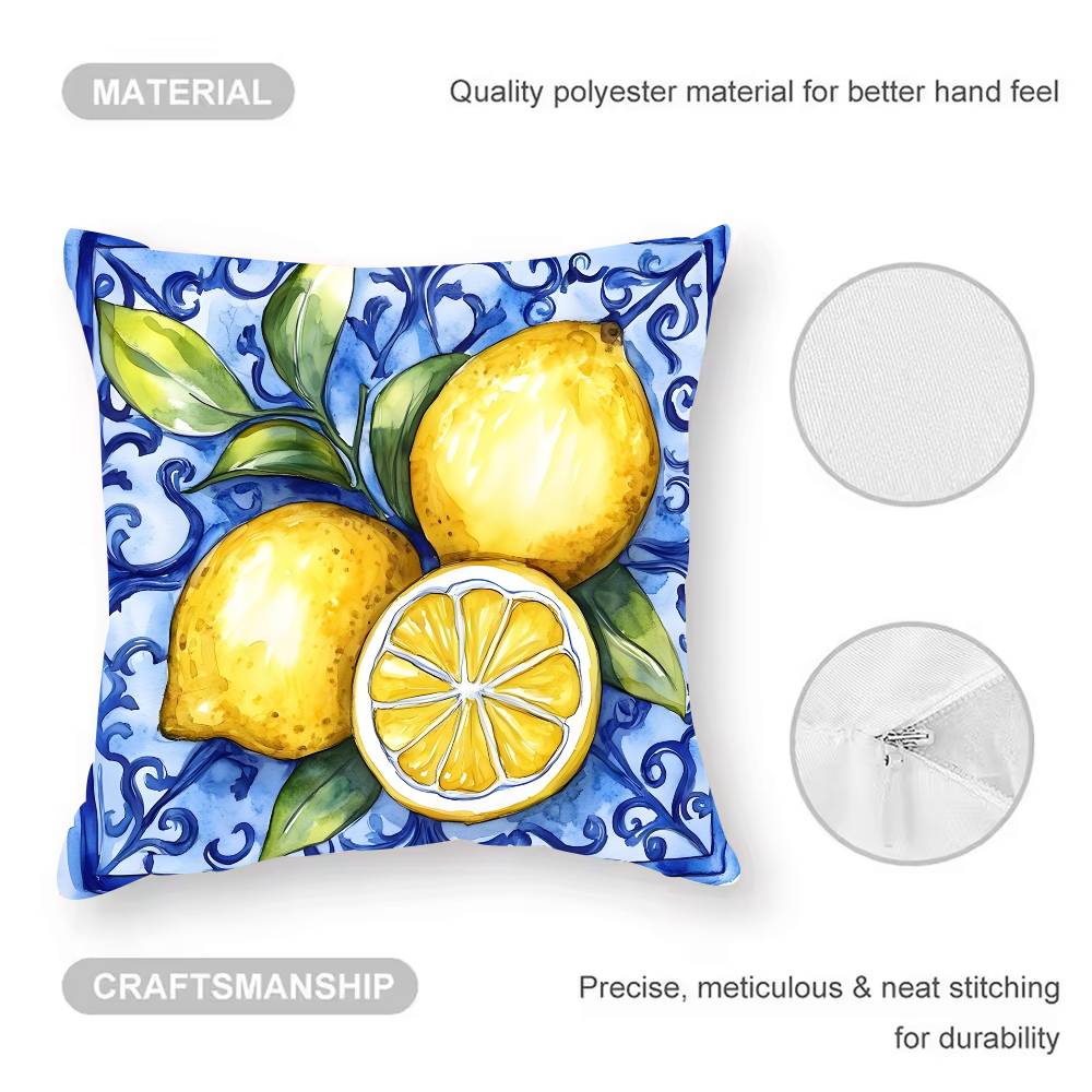 Blue - Toned Watercolor Lemon Pillow Case  Anti-dustmite Pillowcase Invisible Zipper Silky Short Plush Sofa Cushion Cover