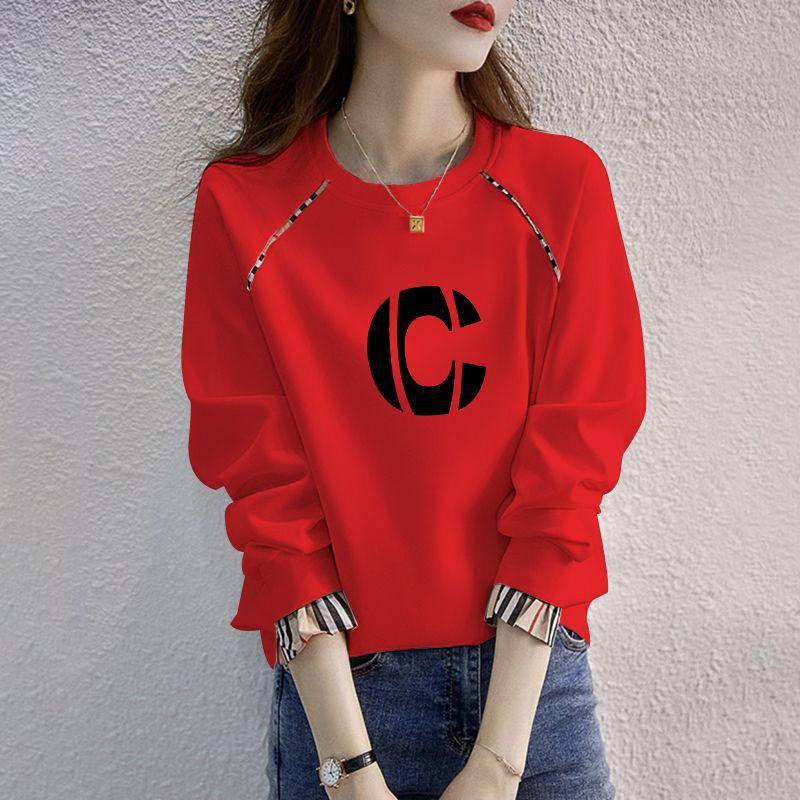 Women's Plus Velvet Loose Pullover - 2025 Spring/Autumn Korean Style, Long Sleeve Round Neck, Fake Two-Piece, Hoodless Top.