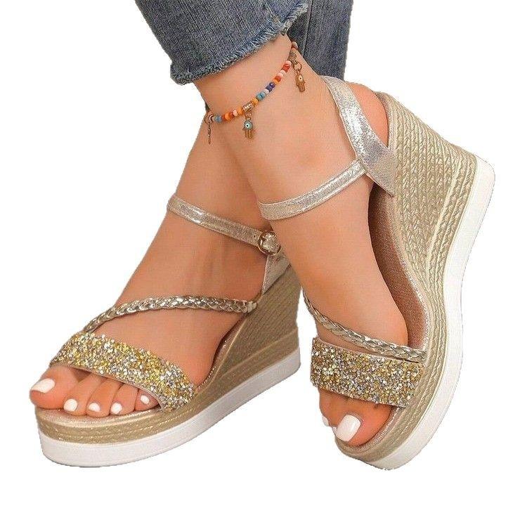 Summer new fashion fish mouth one-word buckle strap high heel fashion casual large size women's Roman rhinestone sandals gold