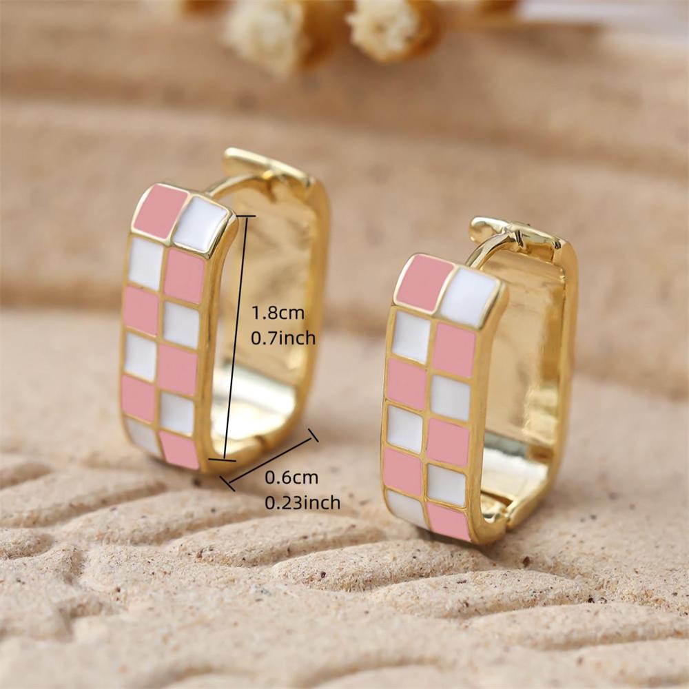 Trendy White and Pink Checkered Pattern Square Hoop Earrings Vintage Gold Silver Color Wedding Jewelry For Women Engagement Gift