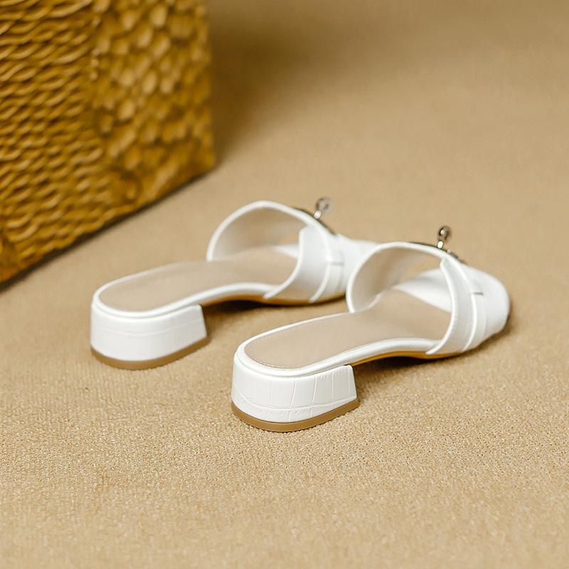 Summer Soft-soled H Slippers Beach Mid-heeled Sandals Small Gold Buckle Open-toe Slippers Women's Casual One-word Drag