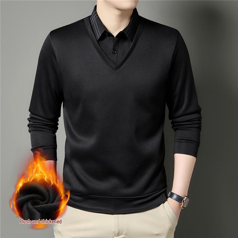 Men's Winter Thickened Velvet Two-Piece Faux Layered POLO Shirt with Warm Lapel - Long Sleeve for Middle-Aged Dad