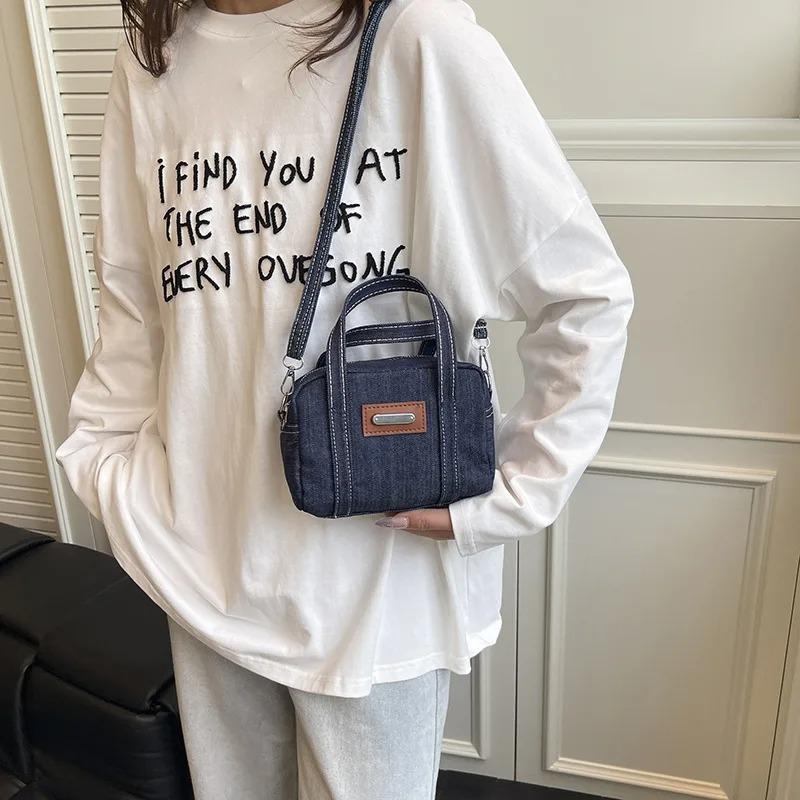 Retro Denim Kleine Quadratische Schultertaschen für Damen Leicht Tragbare Weibliche Crossbody-Tasche Faden-Design Damen Handtaschen