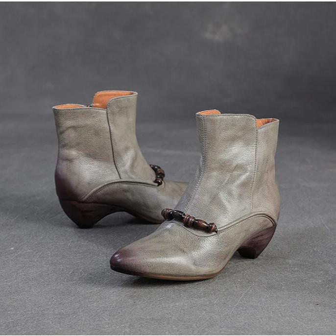 Johnature Genuine Leather Pointed Toe Ankle Boots Fashionable Versatile Mid Heeled Women's Shoes