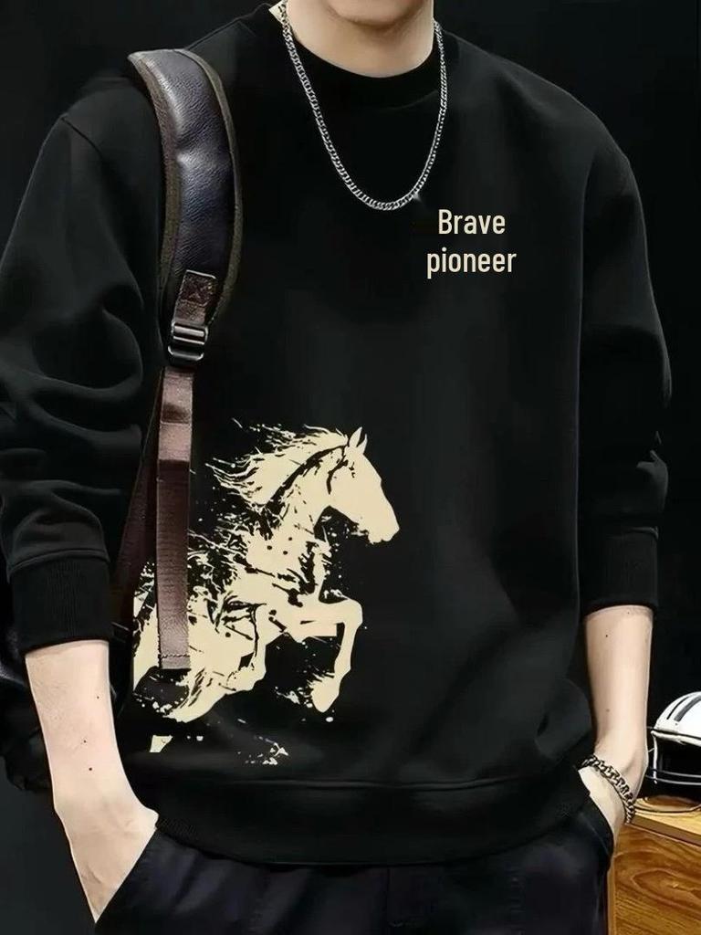 2026 Year of the Horse Stylish Warm Hoodie - Long Sleeve, Velvet, Round Neck, Premium Men's Top with Horse Print