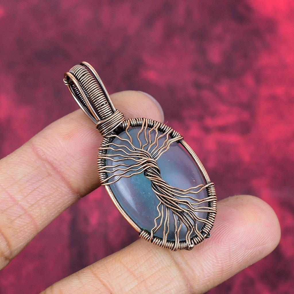 Tree of life aquamarine pendant copper wire wrapped jewelry gemstone pendant copper pendant handmade jewelry wire wrap pendant gifts for mom