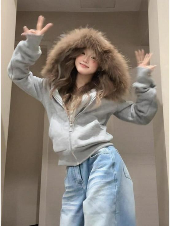 2025 Women's Gray Fur Collar Short Slim Sweatshirt - Petite Korean Style Autumn/Winter Outerwear