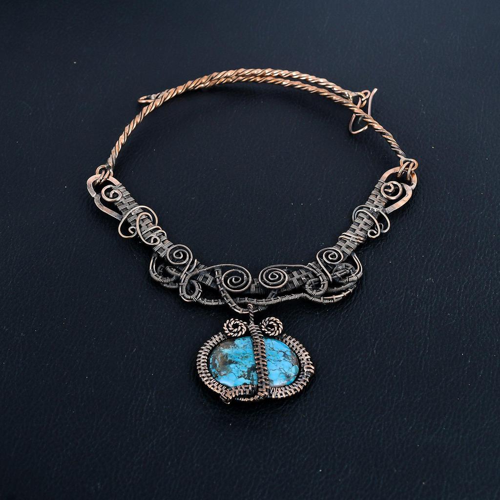 Tibetan Turquoise Necklace Gemstone Jewelry, 999 Copper Wire Wrapped Necklace Necklace, Handmade Jewelry Birthstone Necklace