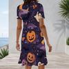 Women Plus Size Round Neck Short Sleeve Dark Purple Halloween Printed A Line Dress