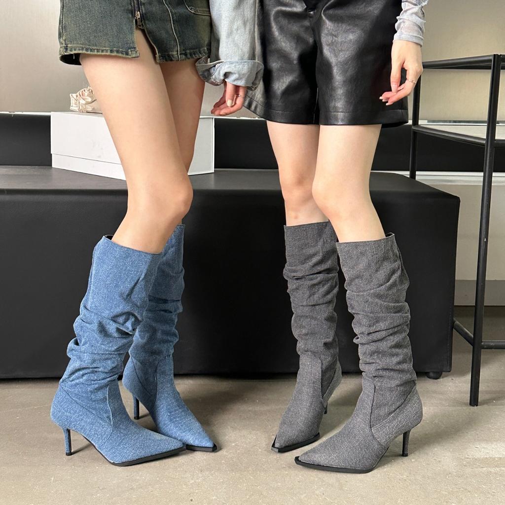 2025 autumn and winter pointed head tall tube wrinkled piled boots fine heel denim high heel but knee boots women