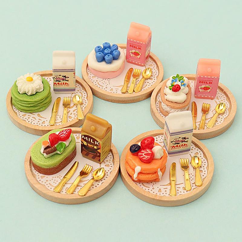 1Set 1:12 Dollhouse Miniature Cake Milk Fork Tray Food Model Kitchen Decor Toy For Doll House Accessories Kids Gift