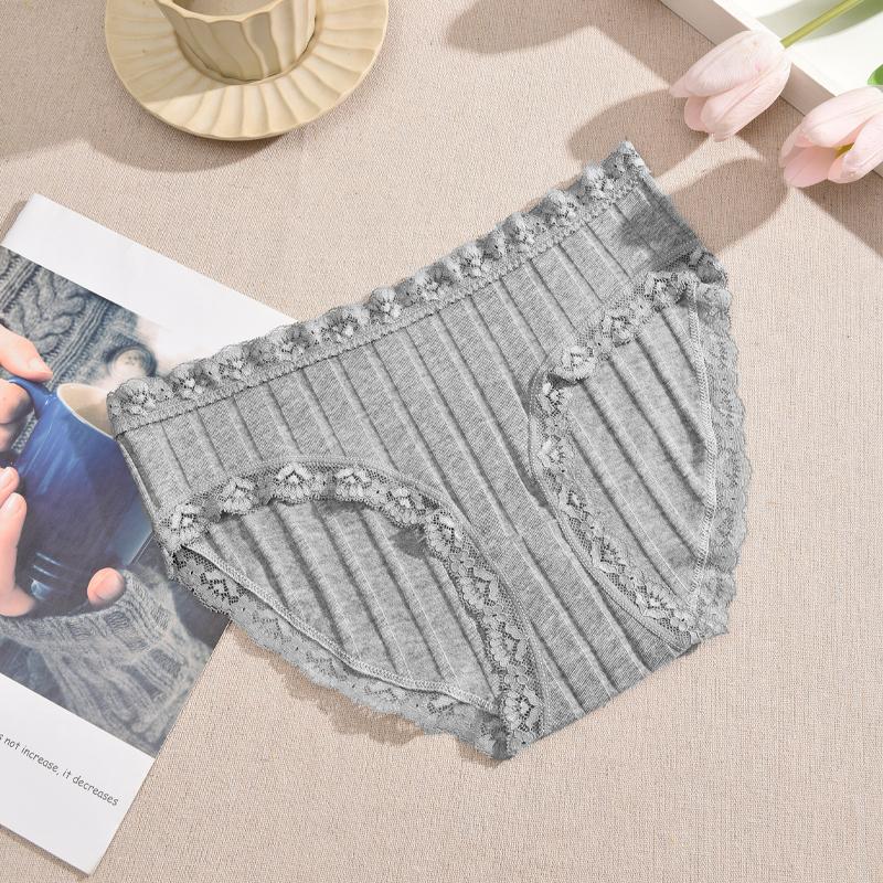 

FINETOO Хлопковое кружевное цветочное нижнее белье Сексуальные полосатые однотонные трусики Эластичные трусы со средней посадкой Женское дышащее нижнее белье Мягкие шорты XL&1pc серый