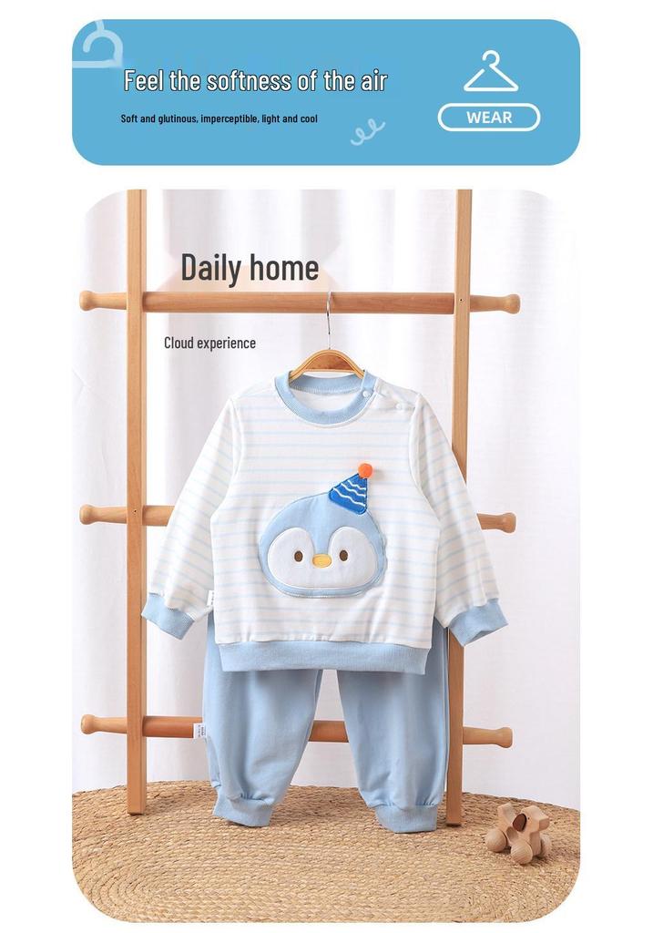Korean Cartoon Penguin Hoodie Two-Piece Set: Baby Striped Long Sleeve Shirt for Spring, Autumn, Winter