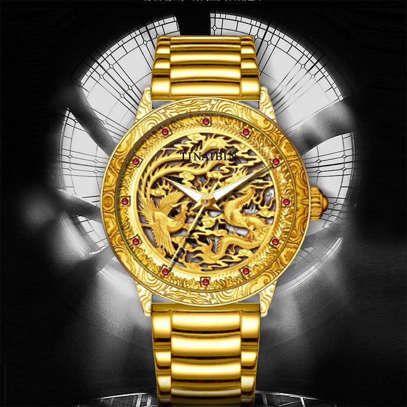 Men Gold Mechanical Watch Dragon Phoenix Skeleton Stainless Steel Watch