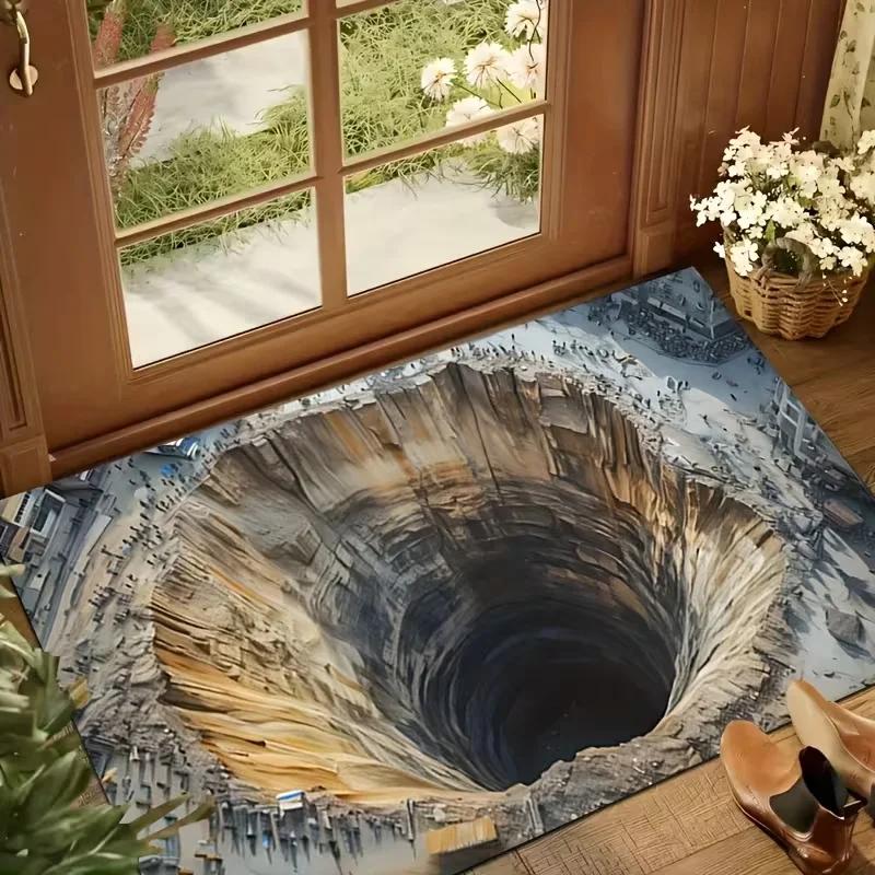 3D Manhole Cover Mat Visual Illusion Deep Hole Rug Non Slip Funny Bathroom Floor Mat Entrance Door Mat Home Decor