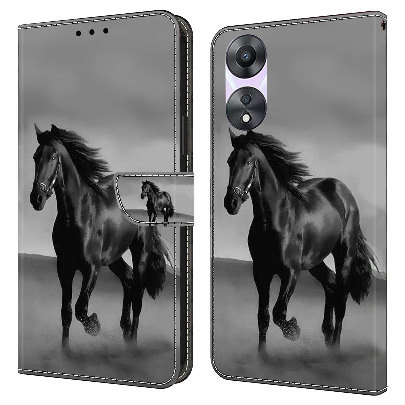

For Oppo A58 5G/A78 5G Phone Case 3D Pattern PU Leather Protective Flip Cover Black Horse