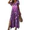 Summer Women Dress Retro Ethnic Style V Neck Short Sleeves Loose A-line Colorful Print Soft Beach Vacation Maxi Dress Ankle Length Side Split