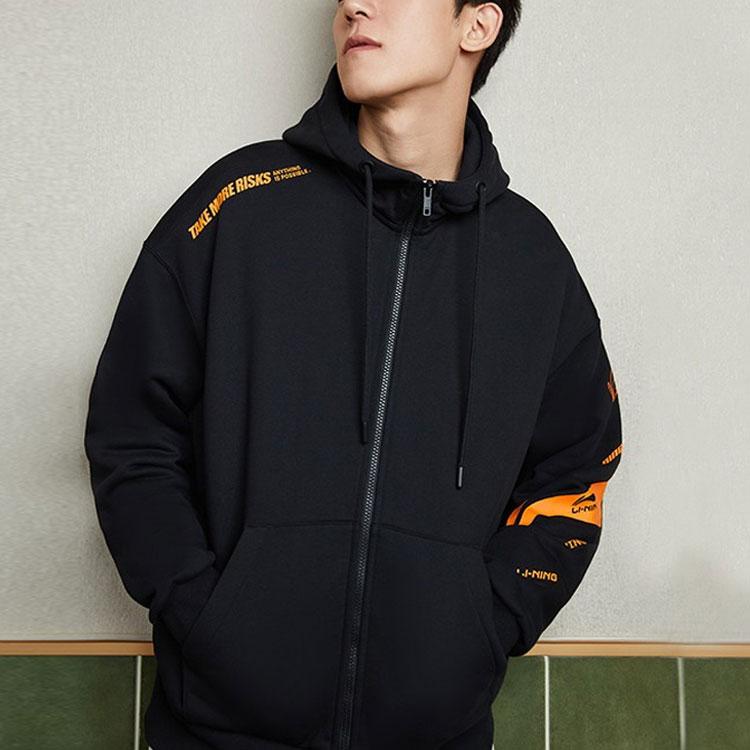 LiNing Training Series Color Block Logo Printed Fleece Warm Zip-Up Sports Hoodie Unisex Hoodies Black AWDRD34-1