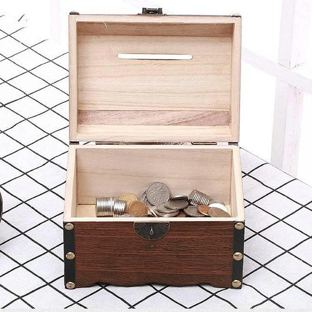 Dřevěná pokladnička ve tvaru truhly s pokladem se zámkem - Úložný box na mince a šperky pro děti