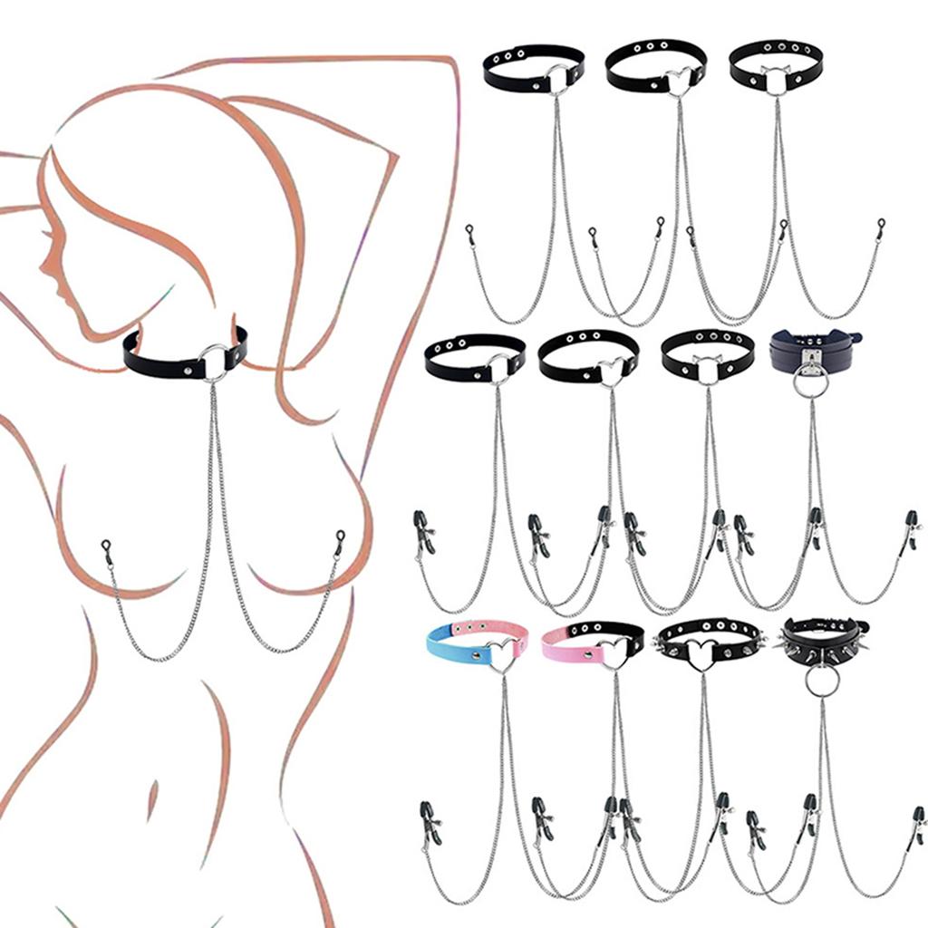 Woman Nipple Clamp Collar Leash  Bondage Sex Toy Set Sexy Chocker Chain Bra Clip Set Adjustable Punk Piercing Jewelry