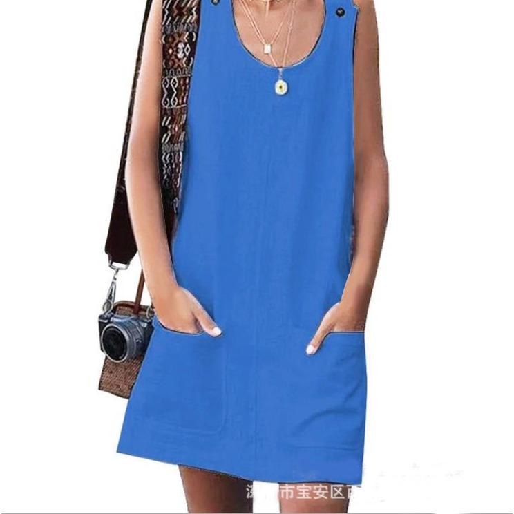 Tuta-vestito estiva da donna con tasche e bottoni in cotone e lino