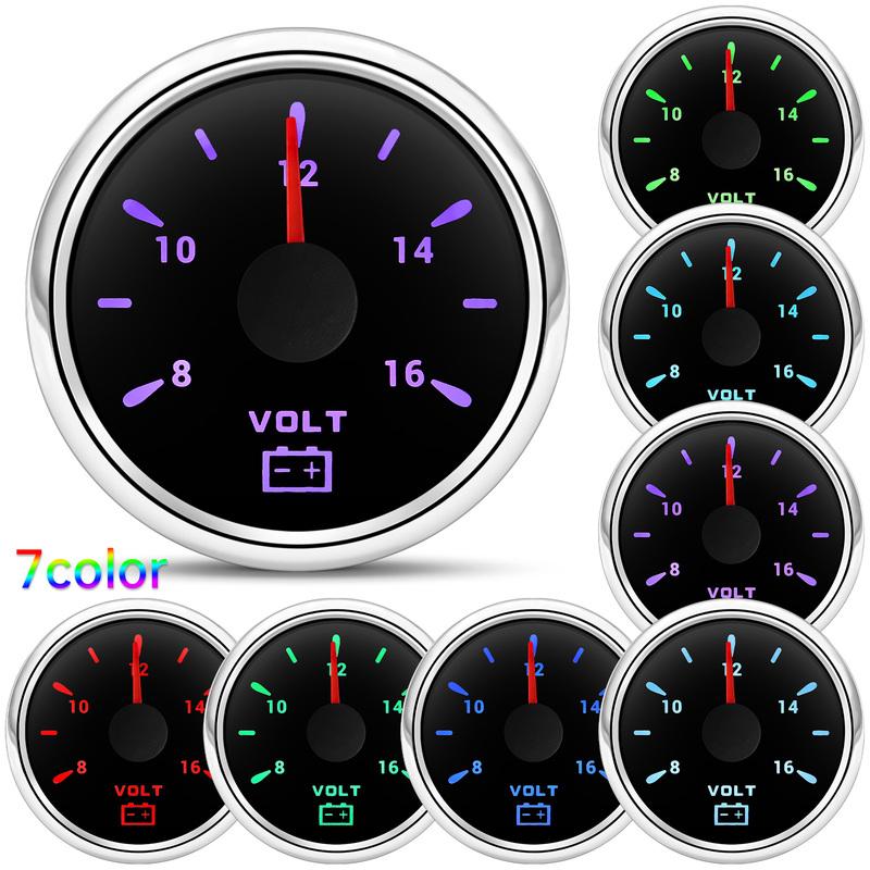 Universal 7-Color LED Backlight 52mm Digital Voltmeter For 12V Vehicles Car Boat Marine IP67 Waterproof Volt Gauge 8-16V Meter