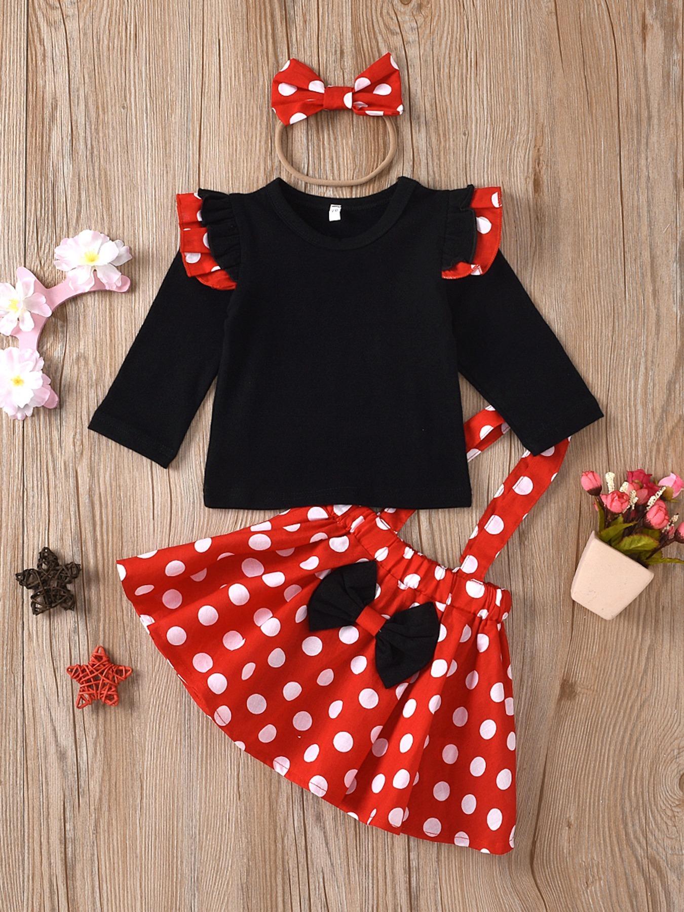 

Kids Girls 3 Piece Outfit Long Sleeve Top with Flutter Sleeves Polka Dot Dress and Bow Headband Spring Autumn Set 80 красный