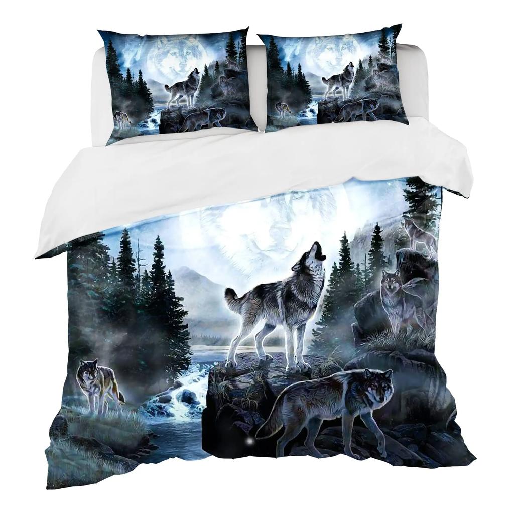 Wolf Duvet Cover Safari Animals Wolf Family Pattern Printed Cover Woodland Forest For Bedroom Decorations For Kid Women Men Gift