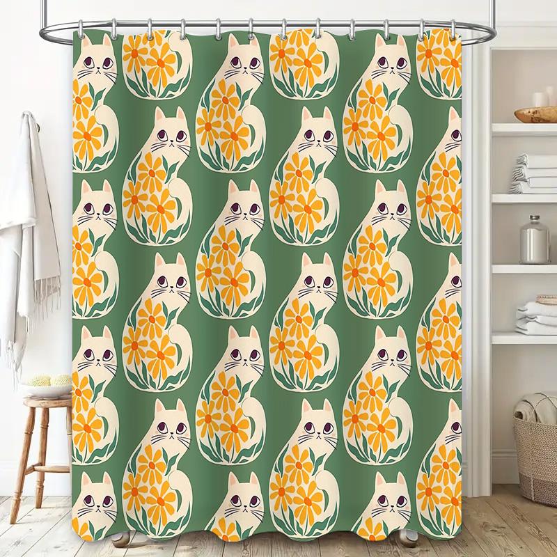 Unique Cat Pattern Shower Curtain Cute Kitten Animal Bathroom Decor Waterproof Liner Vintage Home Decor Artistic Washroom Fabric