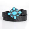 Fashion Bohemian Style Women's Belt Turquoise Inlaid Metal Buckle Personality Vintage Black Embossed PU Leather Belts Plus Size