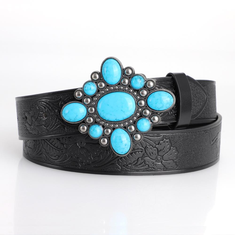 Fashion Bohemian Style Women's Belt Turquoise Inlaid Metal Buckle Personality Vintage Black Embossed PU Leather Belts Plus Size