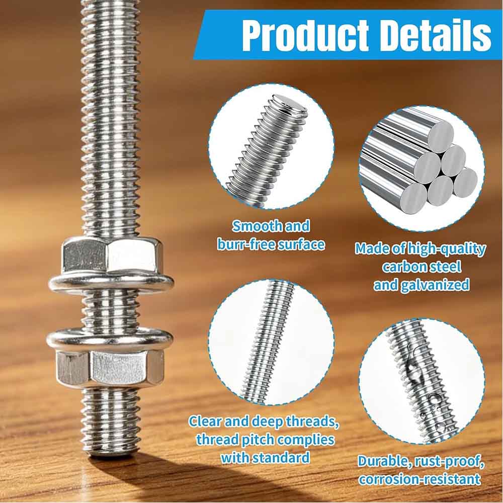 M8 Threaded Rods 300mm with 12 Nuts (6pcs) Galvanized Steel