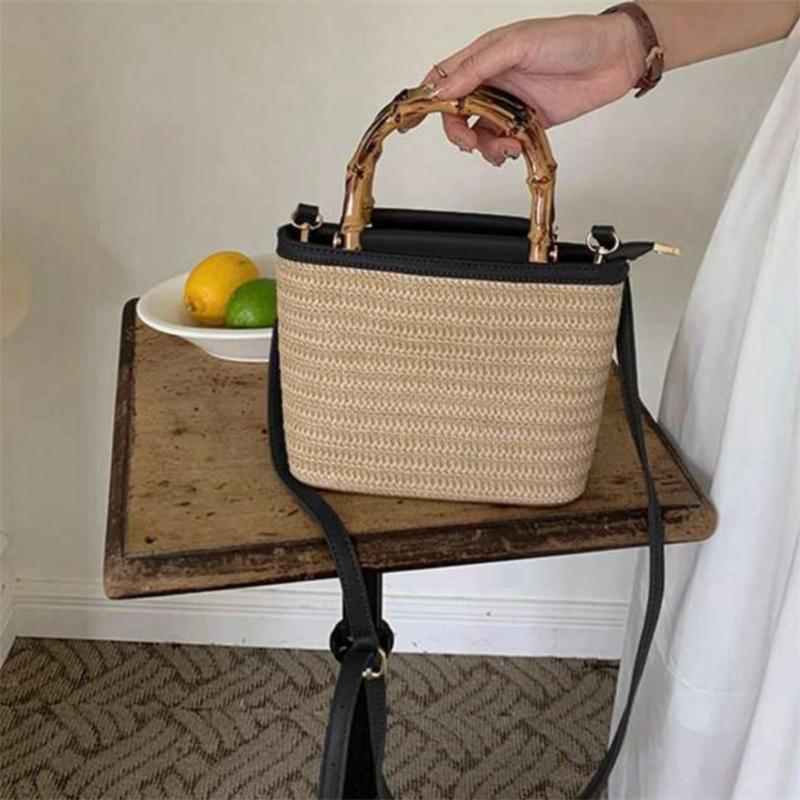 Weaving Bag Summer New Bamboo Handle Tote Straw Bag Niche Simple Shoulder Crossbody Bucket Bag Women's Bag AVE