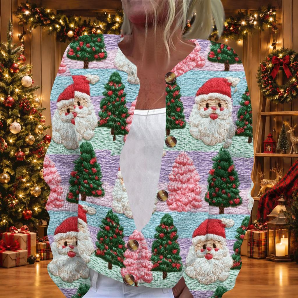 Women's Christmas Print Long Sleeve Knit Cardigan Button Front Sweater