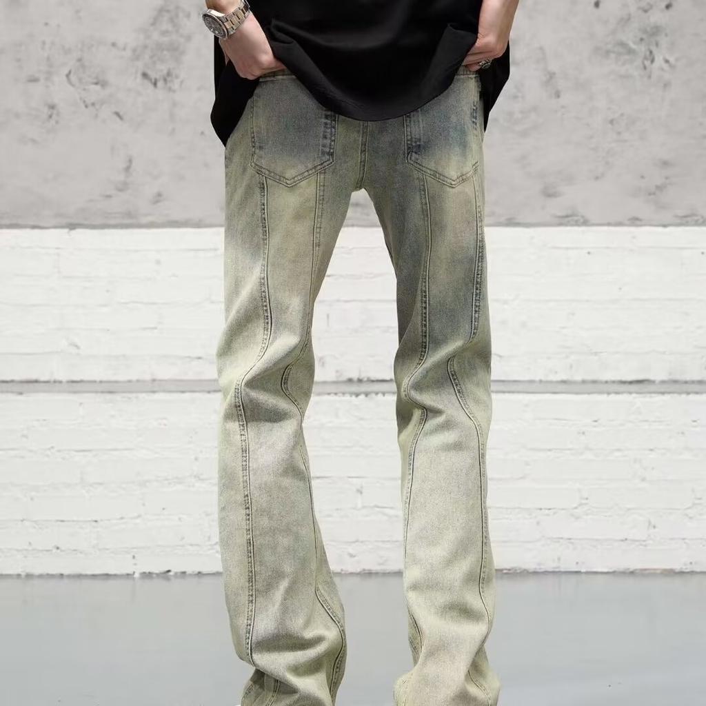 American high street vibe washed old yellow mud dyed jeans men's tide ins straight tube slightly stretched thin piled pants