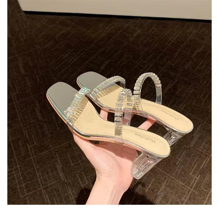 Summer 2025 Korean Fairy Square Toe Rhinestone Strap Transparent Chunky Heel Sandals for Women