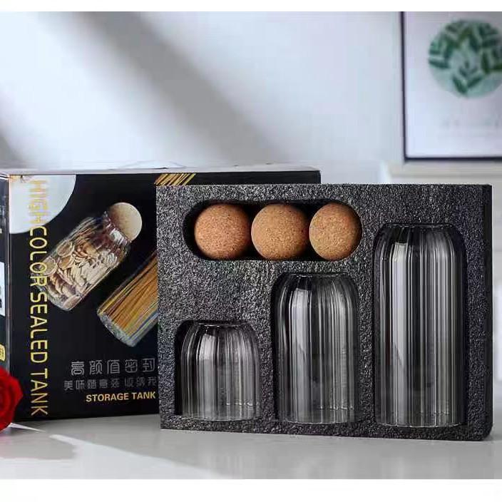 3-Piece Glass Jar Set with Cork Lids, Airtight Round Containers for Coffee Beans & Nuts, Wooden Seal Canisters