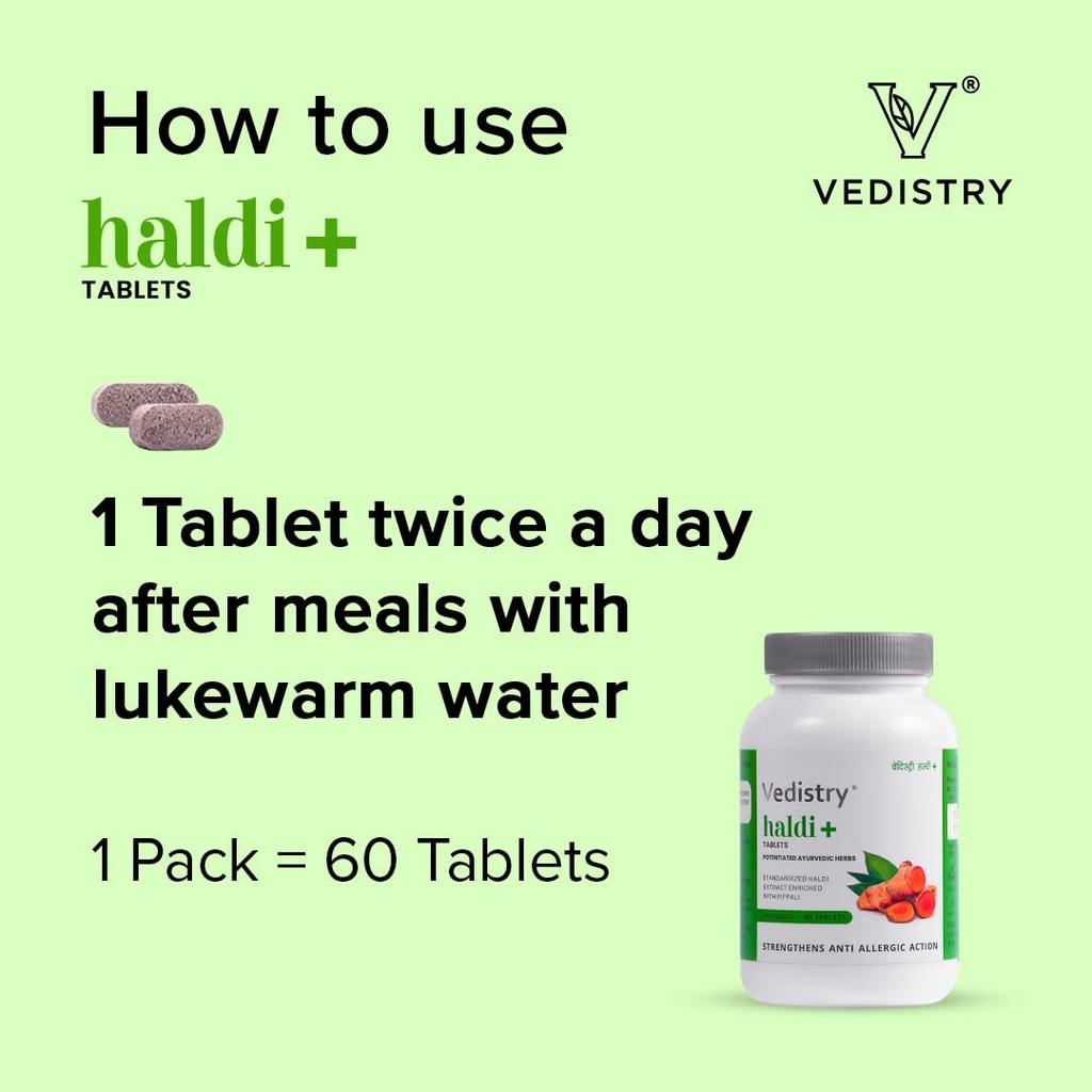 Vedistry Ayurvedic Haldi+ Tablets for Clear Skin, Immunity, Joint Care & Wellness – 60 Tablets X Pack of 2