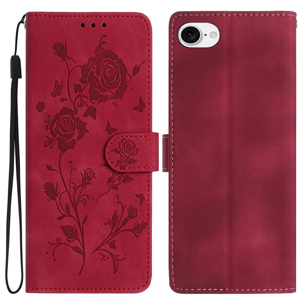 For iPhone 16e Wallet Case Rose Pattern Imprinted Leather Flip Stand Phone Cover