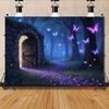 2D Enchanted Forest Backdrop Banner, Magic Door and Purple Butterflies Decor