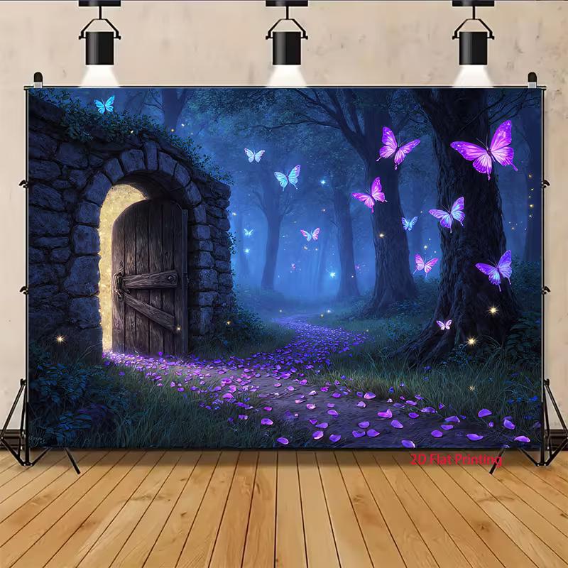 2D Enchanted Forest Backdrop Banner, Magic Door and Purple Butterflies Decor