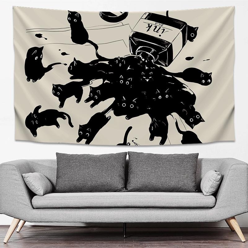 Cute Black Cat Tapestry Minimalist Sketch Style Wall Hanging Bedroom Living Room Boho Aesthetic Wall Decor Home