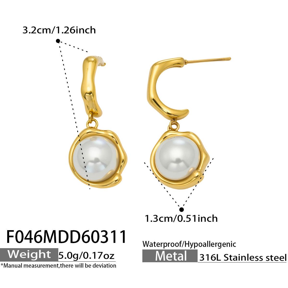 18k Gold-Plated C-Shaped Faux Pearl Stud Earrings - Stainless Steel Fashion Accessory