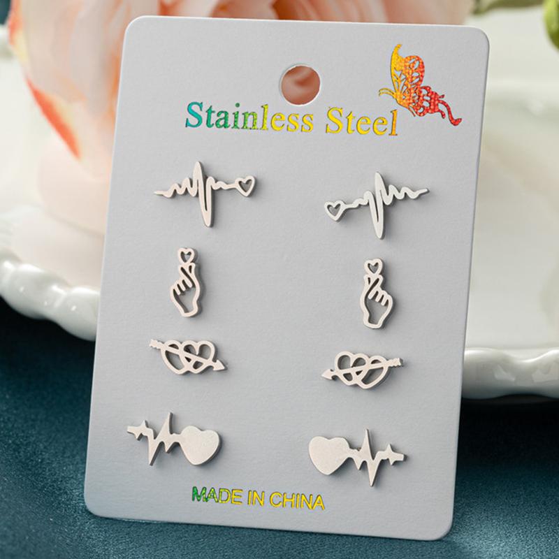 4Pairs/Lot Fashion Stainless Steel Star Moon Stud Earrings Sets for Women Small Flower Porker Dog Earings Jewelry Gift