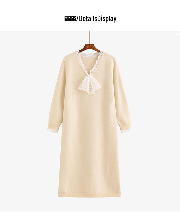 Plus Size V-neck Tie-up Lace Knit Wool Dress - 2025 Winter Style
