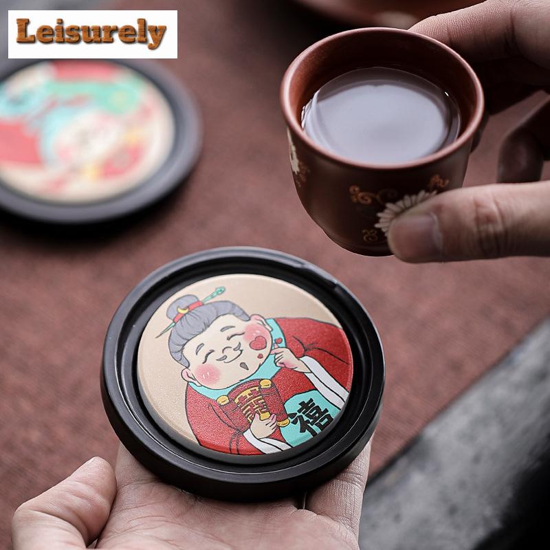 Chinesischer Stil Fulu Reichtumsgott Wasserabsorbierende Untersetzer Boutique Matten für Kaffeetassen Hitzeschutz-Tischsets Teegeschirr Verzierungen