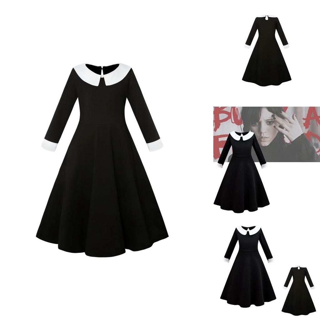 Addams Family Cosplay Girls' Long Sleeve Dress For Children Black Polyester Fabric